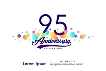 95th years anniversary celebration emblem. elegant anniversary logo isolated with ribbon and colorful circles and stars on white background. vector illustration template design
