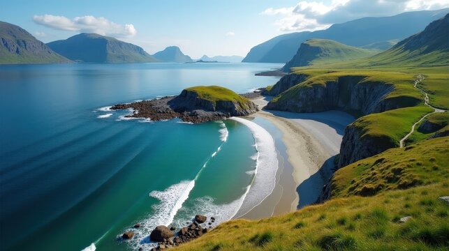 Beautiful Bleik Beach in Norway at midday, sunny conditions, captured from above in a high-quality aerial shot.