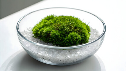 close up of vibrant green moss in glass bowl filled with white salt, creating serene and natural decor piece