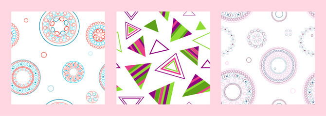 Seamless pattern of geometric shapes. Bright seamless pattern. Set of 3 patterns. Design for fabric, wallpaper, wrapping paper. Vector