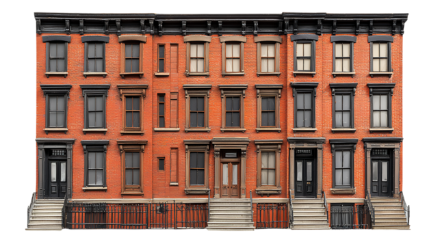 a red brick building with many windows on a transparent background, PNG image, PNG file, Generative art.