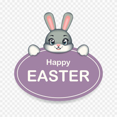 Cute Easter rabbit with a violet board for text. Easter bunny. Symbol of Easter. Vector children's illustration.