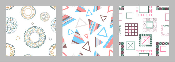 Seamless pattern of geometric shapes. Bright seamless pattern. Set of 3 patterns. Design for fabric, wallpaper, wrapping paper. Vector