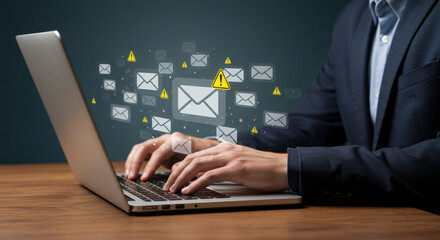  Email Threat Alert: Man Typing on Laptop Amidst Warning Messages - Security, Spam, and Online Safety Awareness