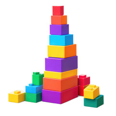 Obraz premium Colorful Plastic Blocks Tower Isolated. Multi colored toy bricks stacking on black background. Child game construction building blocks png transparent.