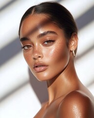 Beautiful woman portrait glowing skin freckles natural light beauty model