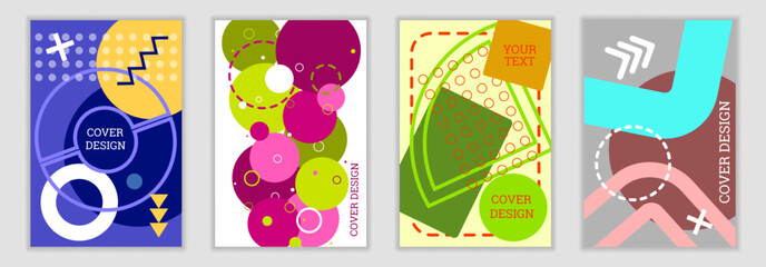 Bright background in Memphis style. Set of geometric cover designs. Fashionable bright cover, banner, poster, booklet. Bright colors. Vector