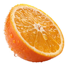 Juicy Citrus: A close-up shot of a vibrant, ripe orange slice, glistening with droplets, inviting a sensory experience of freshness.
