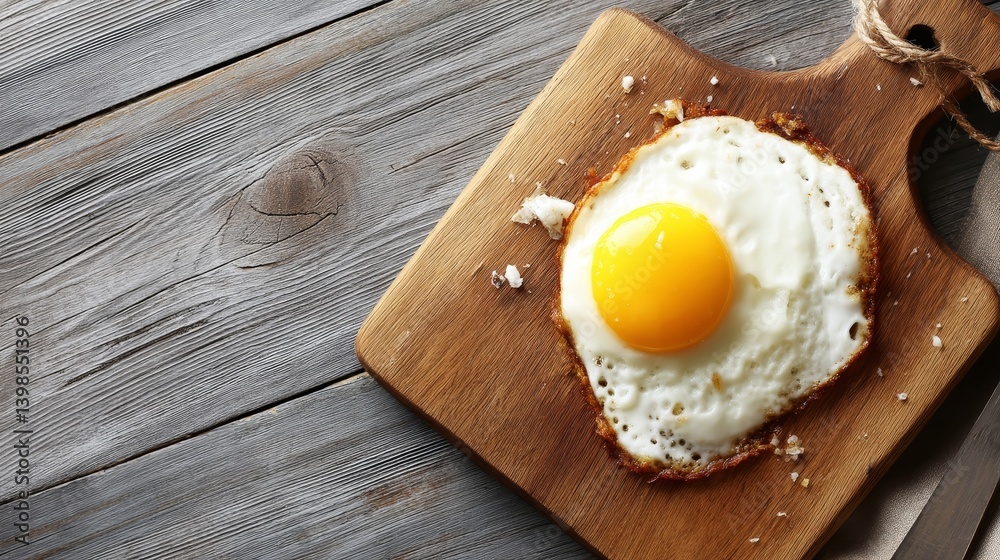 Poster close-up view of a perfectly cooked sunny-side-up egg with crispy edges sitting on a rustic wooden c