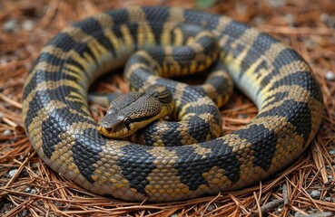 Obraz premium Eastern Diamondback rattlesnake coiled pine needles. Venomous reptile shows unique diamond pattern, brown black skin. Dangerous animal in natural environment, hunter, predator. Wildlife photo.