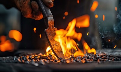 A blacksmith shapes glowing metal with fire, demonstrating the craftsmanship of metalwork.