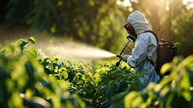 Pest control worker man in a chemical protective suit and mask respirator sprays fertilizer or chemicals with a pesticide applicator in a greenhouse on grown plants, vegetables, fruits, herbs