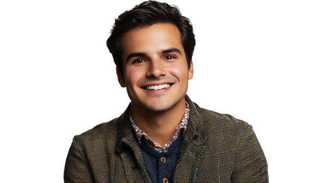 a portrait of a young man wearing a brown jacket and shirt, smiling at the camera against a on a transparent background, PNG image, PNG file, Generative art. - Powered by Adobe