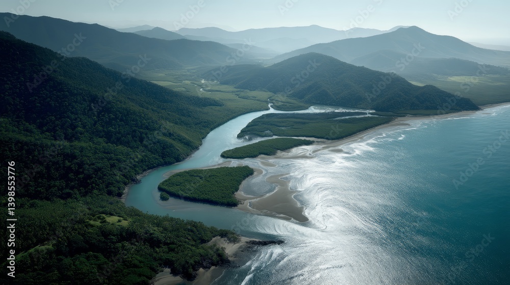 Aufkleber Golden hour reveals a winding estuary tracing through lush mangrove forests, with tidal patterns reflecting in the clear water's surface, inviting tranquility