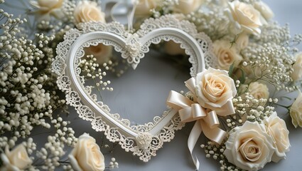 Beautiful Heart-Shaped Lace Frame with Cream Roses and Baby’s Breath Arrangement