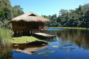 Obraz premium Wooden hut on a serene lake in a lush rainforest
