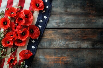 Red poppies resting on american flag over rustic wooden background