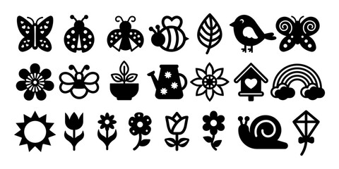 Set of simple spring silhouettes. Springtime elements collection. Vector Illustration in flat style. Ladybug, butterfly, bee, flowers, sun, etc.