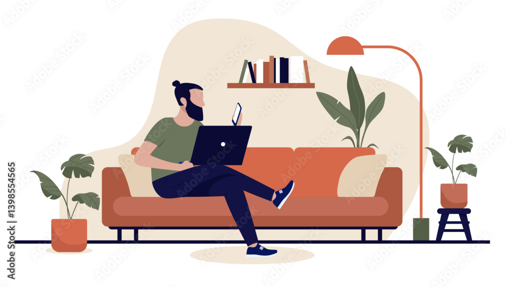 Aufkleber Man working on laptop and phone in couch at home - Person sitting cross legged in sofa with laptop looking at phone doing remote work in cozy apartment alone. Flat design vector illustration