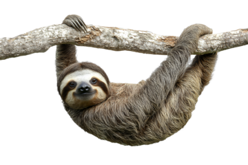 a cute sloth hanging from a tree branch on a transparent background, PNG image, PNG file, Generative art.