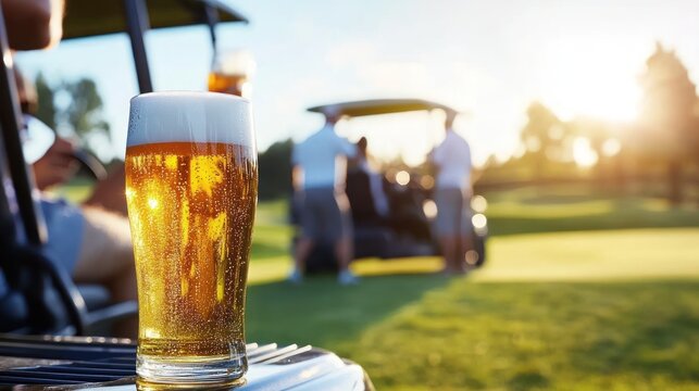 Beer and golf cart recreation refreshment relaxation summer vacation leisure activity