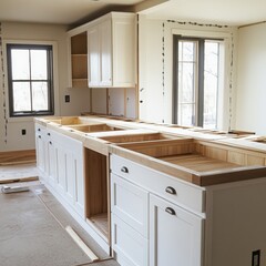 Modern kitchen under construction with white cabinets and wooden countertops.