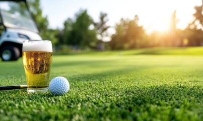 Beer glass and golf ball on green lawn outdoor leisure activity