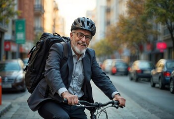 Happy senior businessman riding bicycle in city street