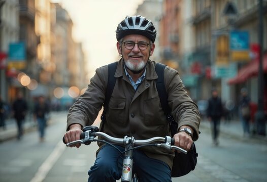 Senior businessman commuting by bicycle in urban city street