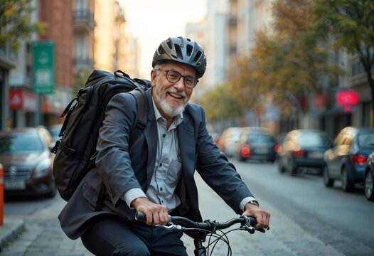 Happy senior businessman riding bicycle in city street