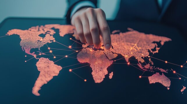 A hand points to a glowing world map, showcasing digital connections and global data interaction.