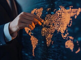 A business professional interacts with a digital map, showcasing global connectivity through illuminated data points.
