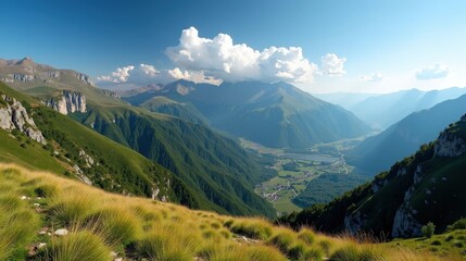 Panoramic view of Pindos Mountains in Greece at midday under hot, sunny summer conditions.