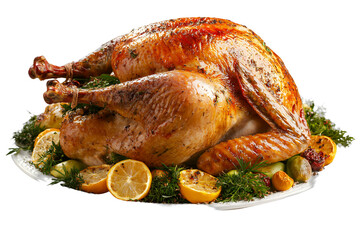 a roasted turkey with lemons and herbs platter with vegetables on a transparent background, PNG image, PNG file, Generative art.