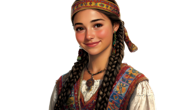 a portrait of a young woman wearing a traditional costume of national dress photo on a transparent background, PNG image, PNG file, Generative art.