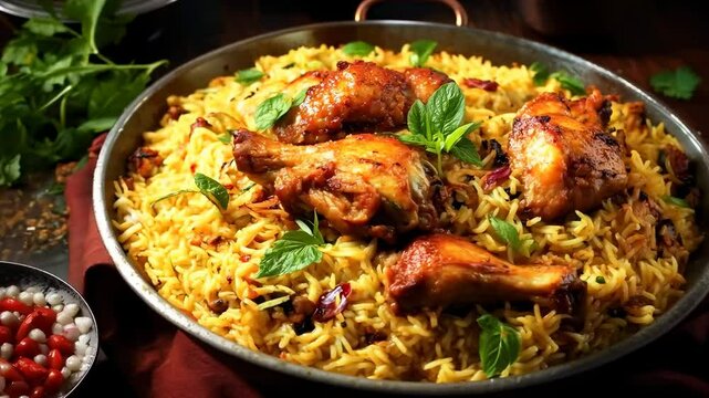 Aerial view of a vibrant dish of biryani with chicken legs, garnished with mint leaves, styled for a cooking video with rustic, warm tones.