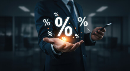Interest Rates Rise: Businessman's Hand Offering Percentages, Banking, Finance, Investing, and Deals