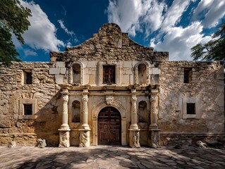 Fototapeta premium The Alamo: A grand and historic building stands proudly beneath a striking sky, inviting viewers to immerse themselves in the rich history and architecture of the location. 