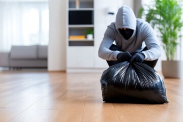 A burglar in a mask and hoodie ties up a black trash bag, filled with stolen items in a house.