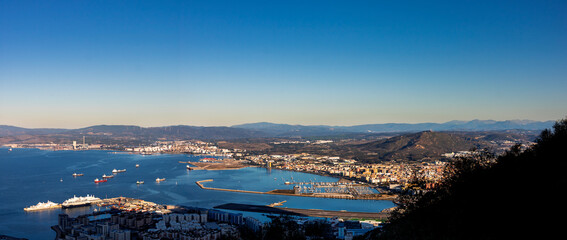 Scenic view of Gibraltar harbor from the Rock of Gibraltar. Port of Gibraltar.