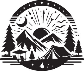 Camping scene silhouette vector illustration of a mountain landscape new trendy 2025 happy camping