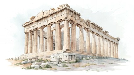 Obraz premium Ancient Greek Temple Watercolor Painting Acropolis Architecture Columns Ruins History Heritage