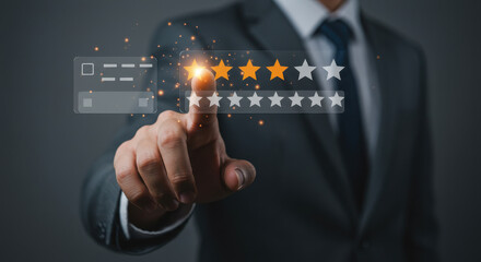  Giving a Four-Star Rating: Customer Experience, Feedback, and Satisfaction. Review and Improve! Business growth.