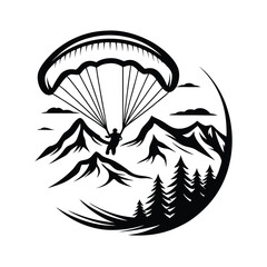 Paraglider Silhouette over Mountain Landscape with Pine Trees in Circular