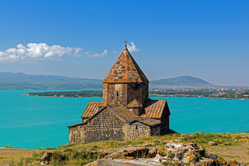 Armenian mountains on Yerevan lake Sevan and monastery Sevanavank in Dilijan national park