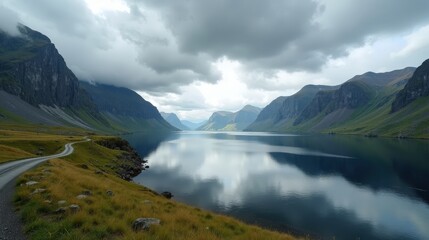 Fototapeta premium High-quality photo of Norway at midday under cloudy skies, captured from a panoramic perspective.
