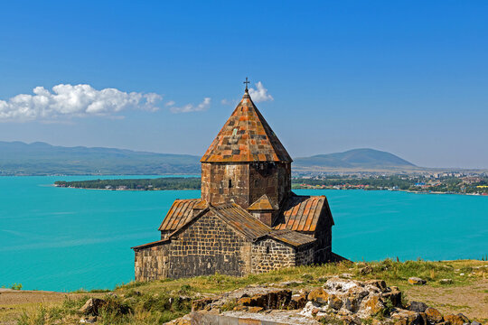Armenian mountains on Yerevan lake Sevan and monastery Sevanavank in Dilijan national park