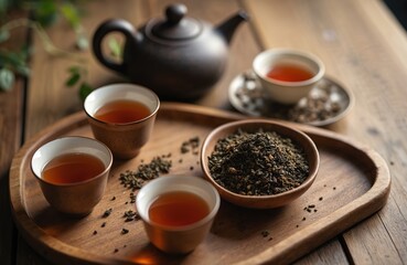 Fototapeta premium Tea ceremony, black tea served in ceramic cups with teapot. Healthy beverage, green herbal tea leaves in wooden bowl on rustic tray. Morning drink, zen, meditation.