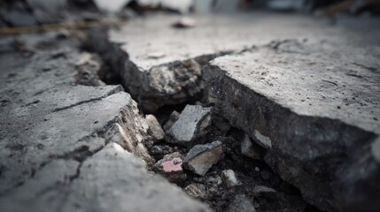 Fractured Concrete Close-up of Cracked Pavement and Debris