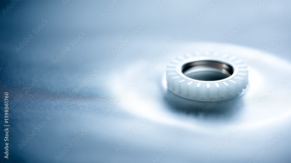 Poster a translucent glass cog sits on a glowing blue holographic display, reflecting light softly in a min